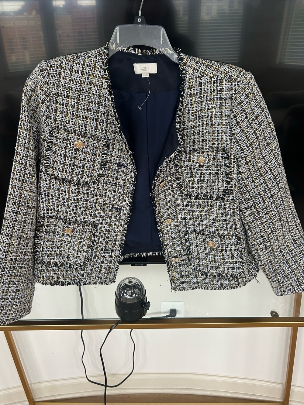 LOFT Navy and Multi-Color Tweed Fringe Cropped Blazer